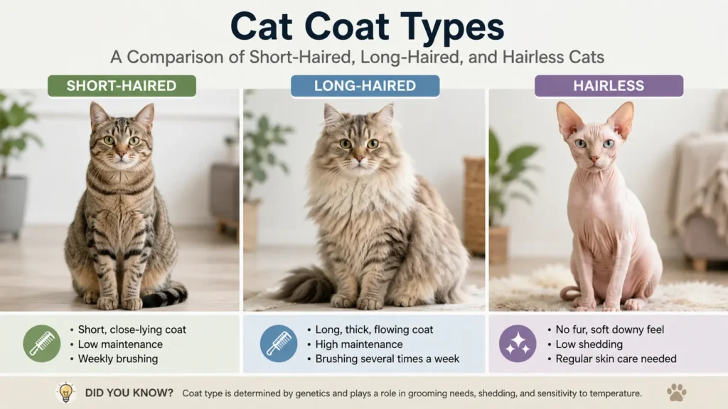 Comparison of short-haired, long-haired, and hairless cat coat types