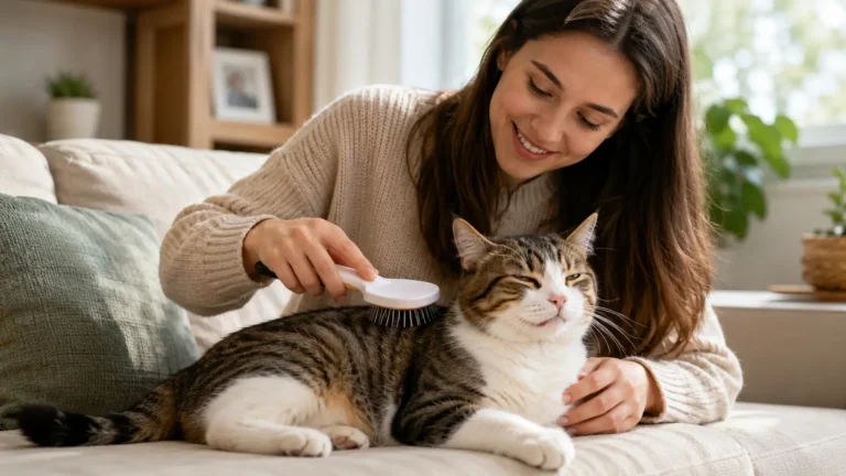 Happy pet owner gently Cat Grooming at Home with a soft brush