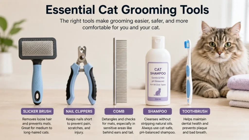 Essential cat grooming tools including slicker brush, nail clippers, comb, shampoo, and toothbrush