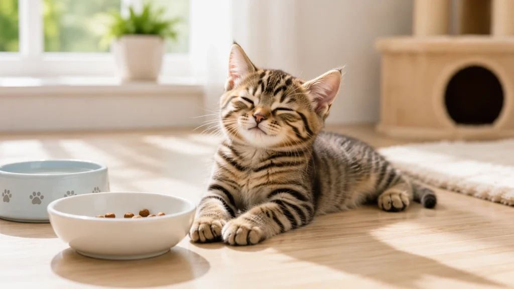 Happy healthy kitten after eating a balanced diet in a loving home