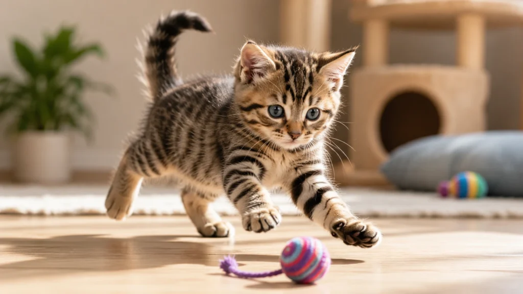 Healthy growing kitten with bright eyes, shiny coat, and ideal body condition