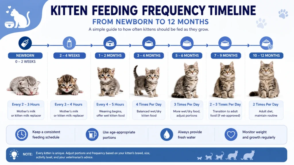 Kitten feeding schedule by age with recommended meals from newborn to 12 months