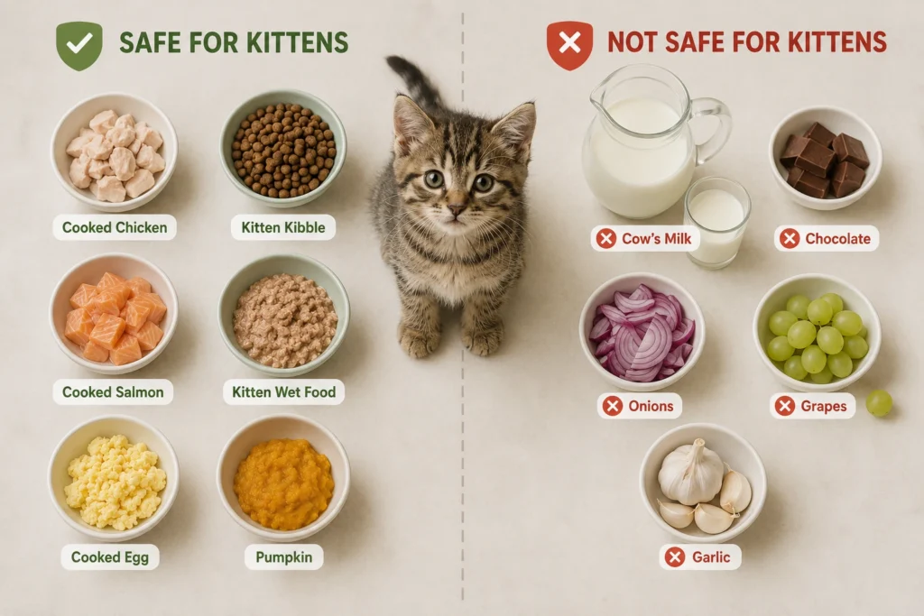 Common kitten feeding mistakes including unsafe foods to avoid