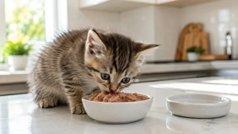 Healthy kitten eating a balanced meal following a proper kitten feeding schedule