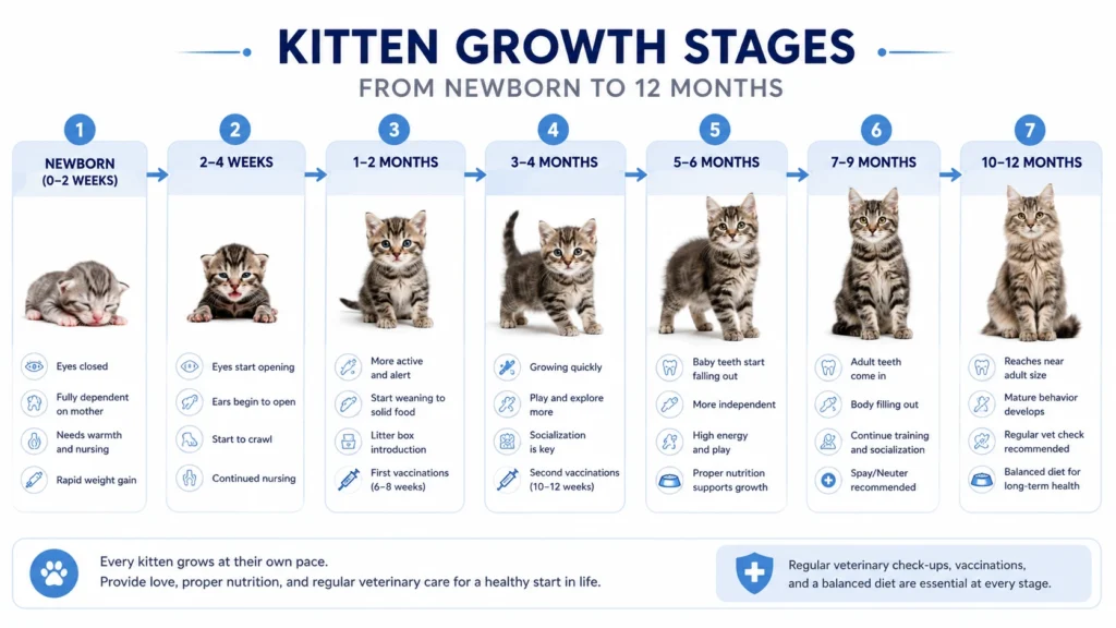Kitten growth stages showing nutritional needs from birth to one year