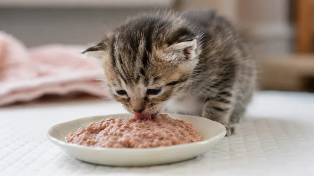 Four-week-old kitten beginning the weaning process with soft wet food