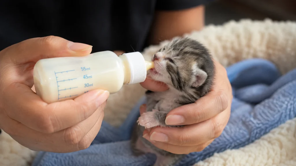 Caregiver bottle-feeding a newborn kitten with kitten milk replacer