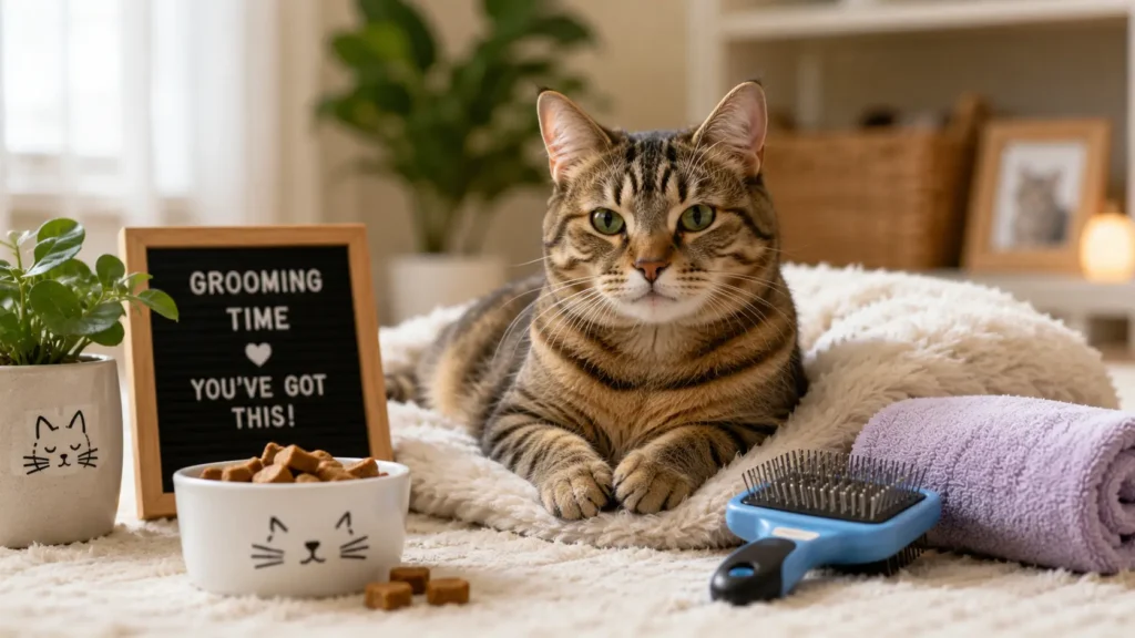 Cat relaxing before a home grooming session with treats and grooming brush