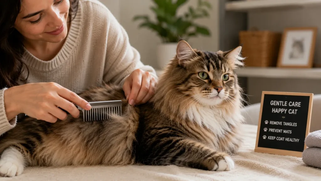 Carefully removing small tangles from a cat's fur using a wide-tooth comb