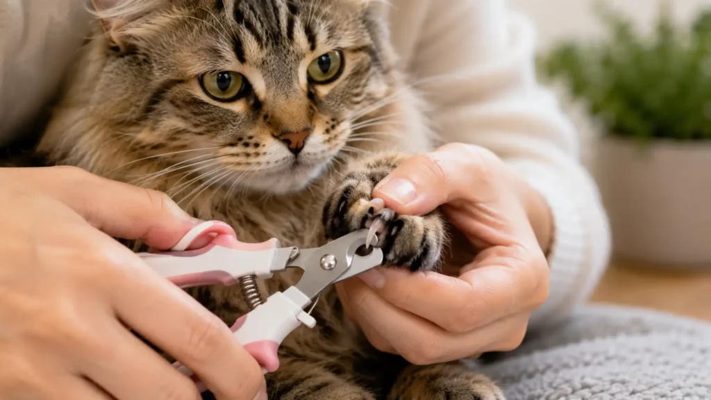 Close-up of safely trimming a cat's nails with cat nail clippers