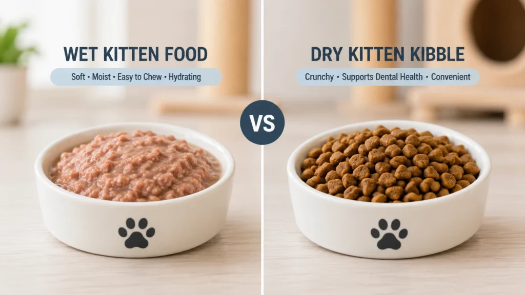 Comparison of wet kitten food and dry kitten kibble for growing kittens