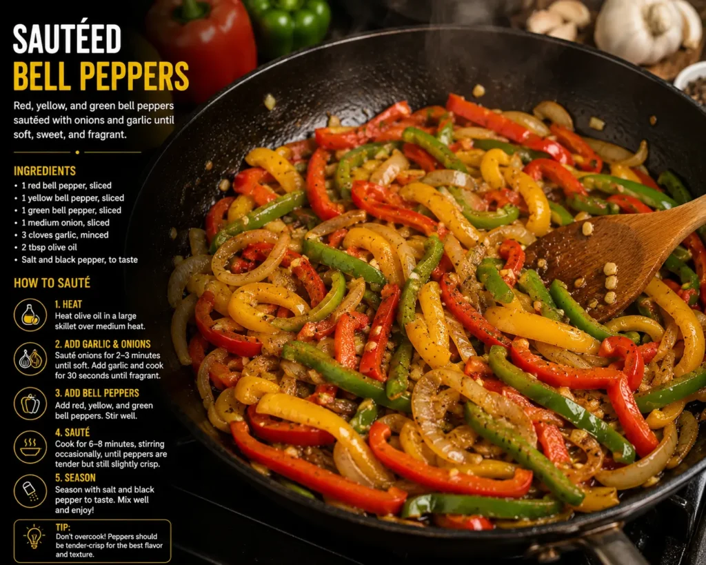 Red, yellow, and green bell peppers sautéing with onions and garlic.