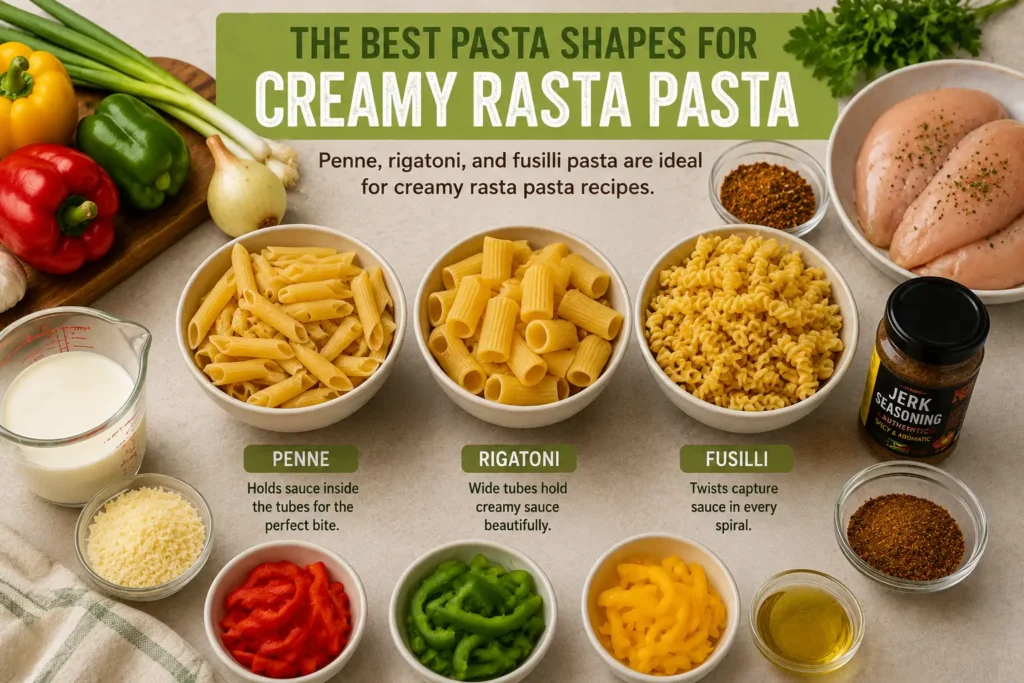 Penne, rigatoni, and fusilli pasta ideal for creamy rasta pasta recipes.