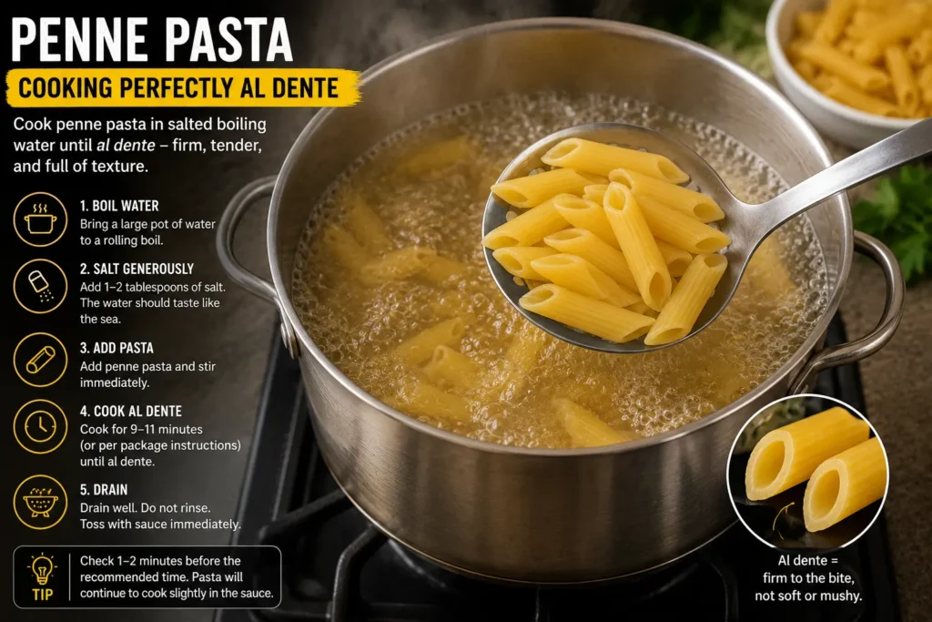 Penne pasta cooking in salted boiling water until al dente.