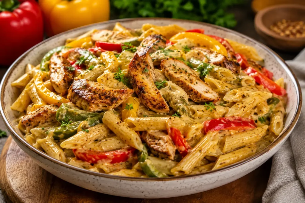 Homemade rasta pasta served with creamy jerk sauce and colorful bell peppers.