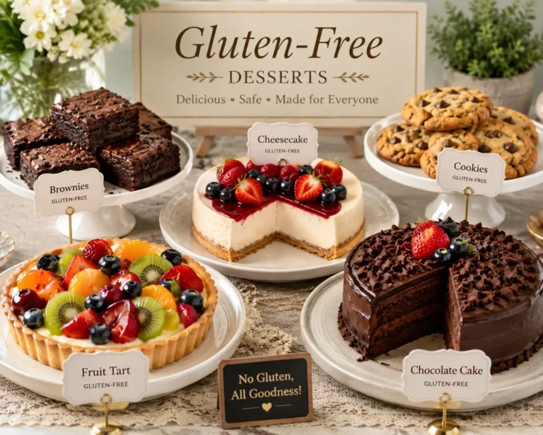 Gluten Free Dessert Recipes A beautifully styled table filled with assorted gluten-free desserts including brownies, cheesecake, cookies, fruit tart, and chocolate cake.
