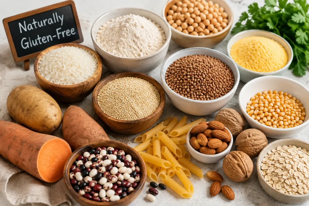 Naturally gluten-free ingredients arranged on a countertop.