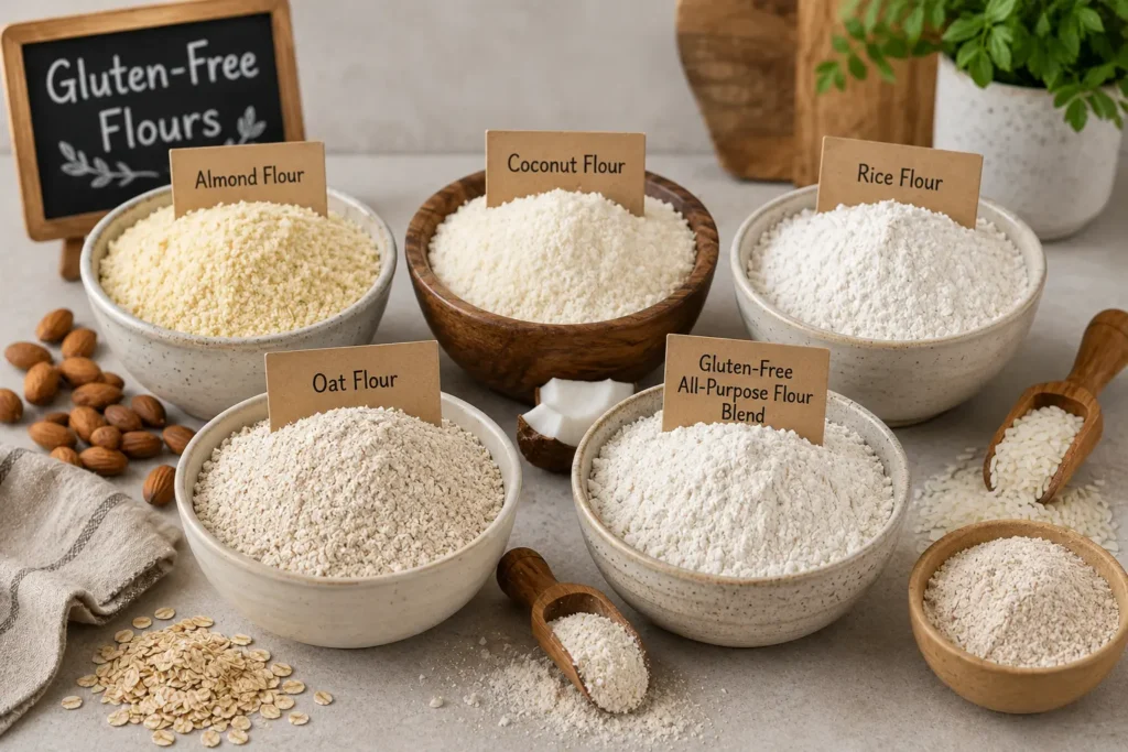 Different gluten-free flours including almond flour, coconut flour, rice flour, oat flour, and gluten-free all-purpose flour blend.