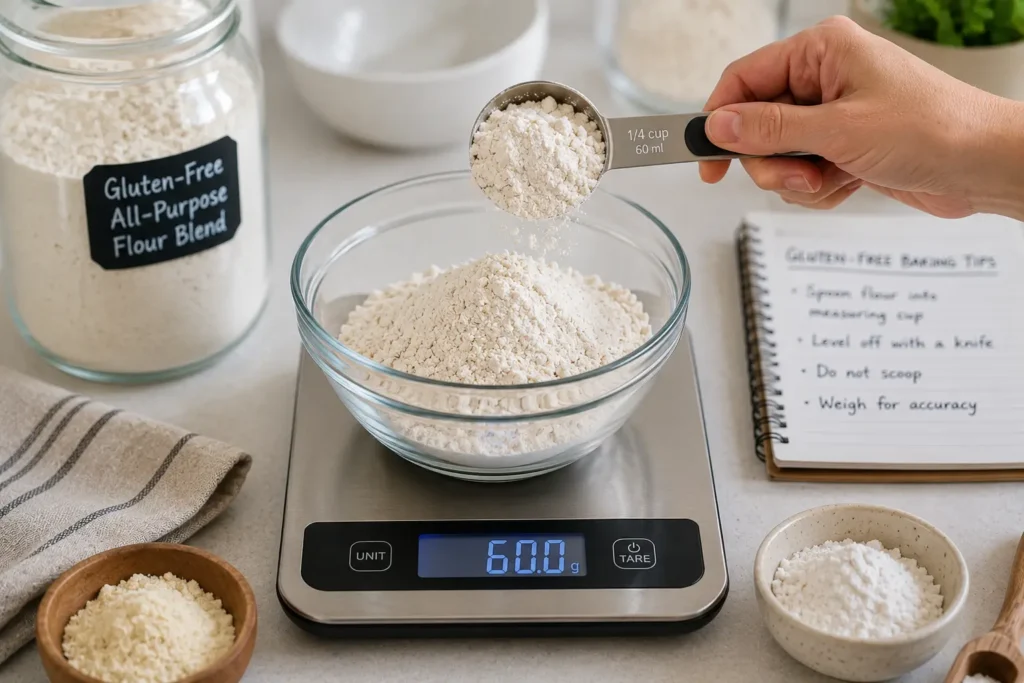 Measuring gluten-free flour accurately with a digital kitchen scale for consistent baking results.