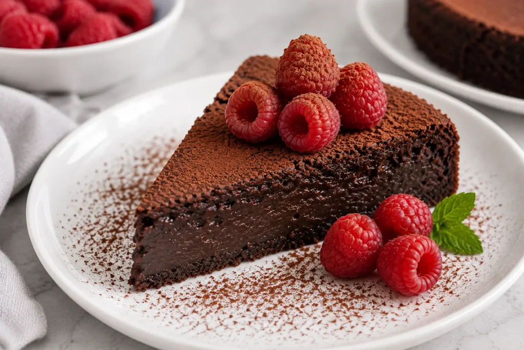 Moist flourless chocolate cake topped with fresh raspberries and cocoa powder on a white dessert plate.