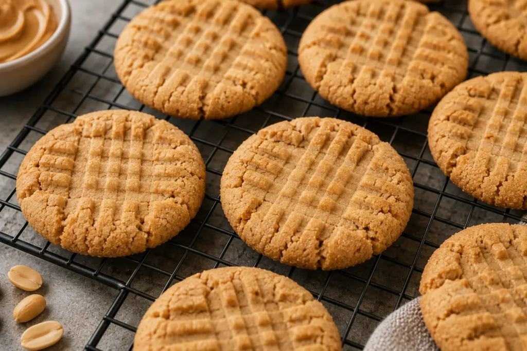 Soft gluten-free peanut butter cookies cooling on a wire rack with a classic crisscross pattern.