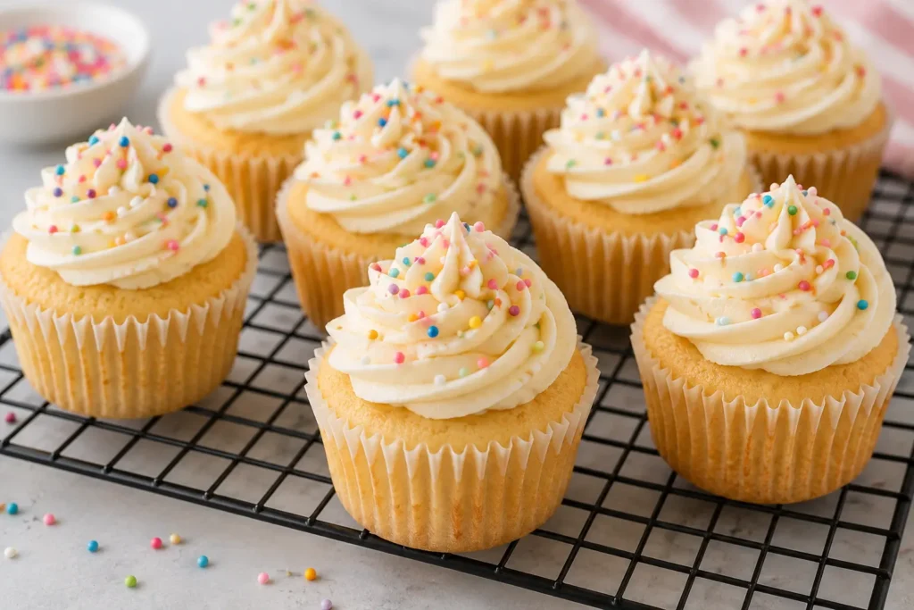 Homemade gluten-free vanilla cupcakes topped with creamy buttercream frosting and colorful sprinkles.