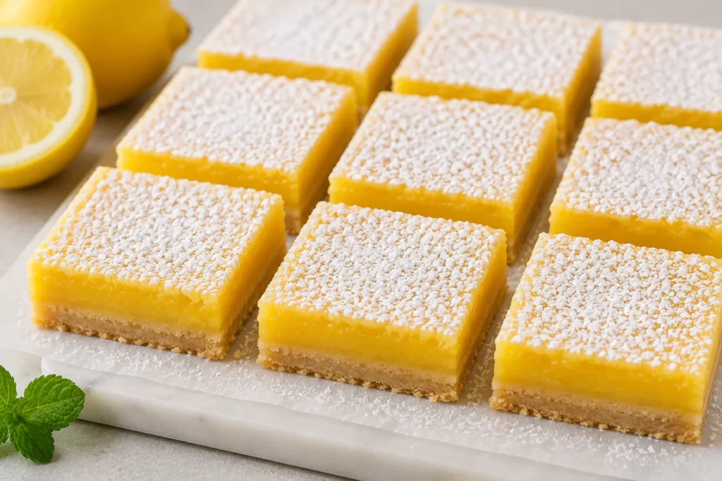 Tangy gluten-free lemon bars dusted with powdered sugar and neatly sliced for serving.
