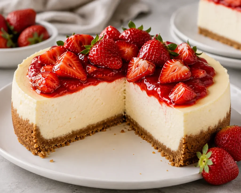 Creamy gluten-free cheesecake topped with fresh strawberries and a gluten-free cookie crust.
