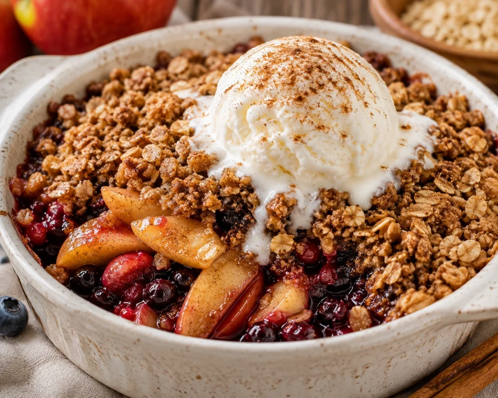 Warm gluten-free apple and berry crisp topped with vanilla ice cream and cinnamon oat crumble.