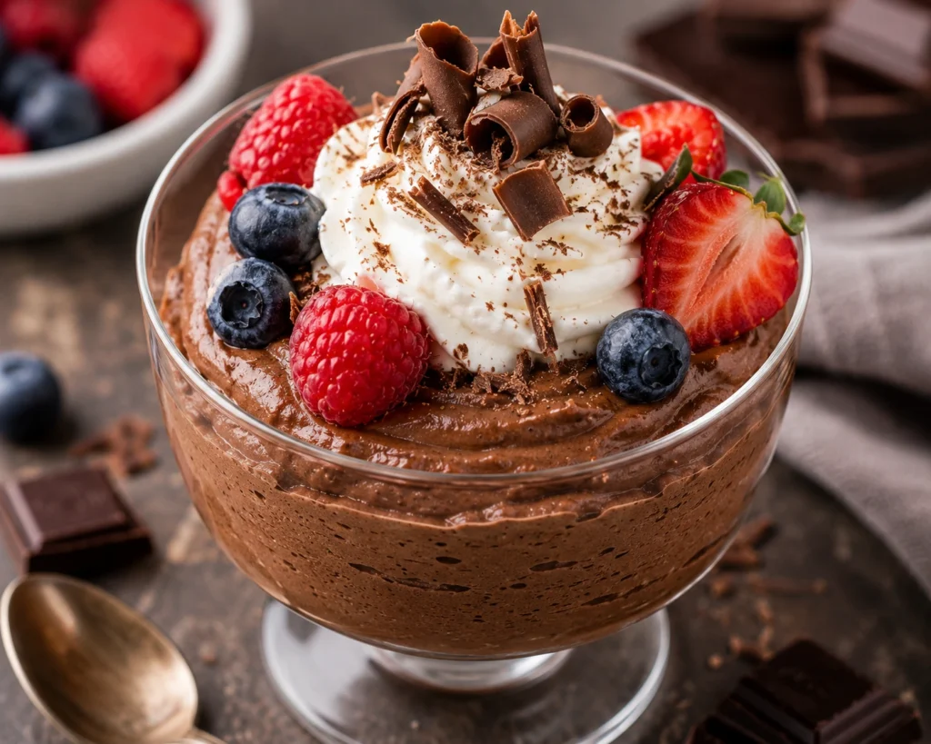 Rich gluten-free chocolate mousse garnished with whipped cream, chocolate curls, and fresh berries.