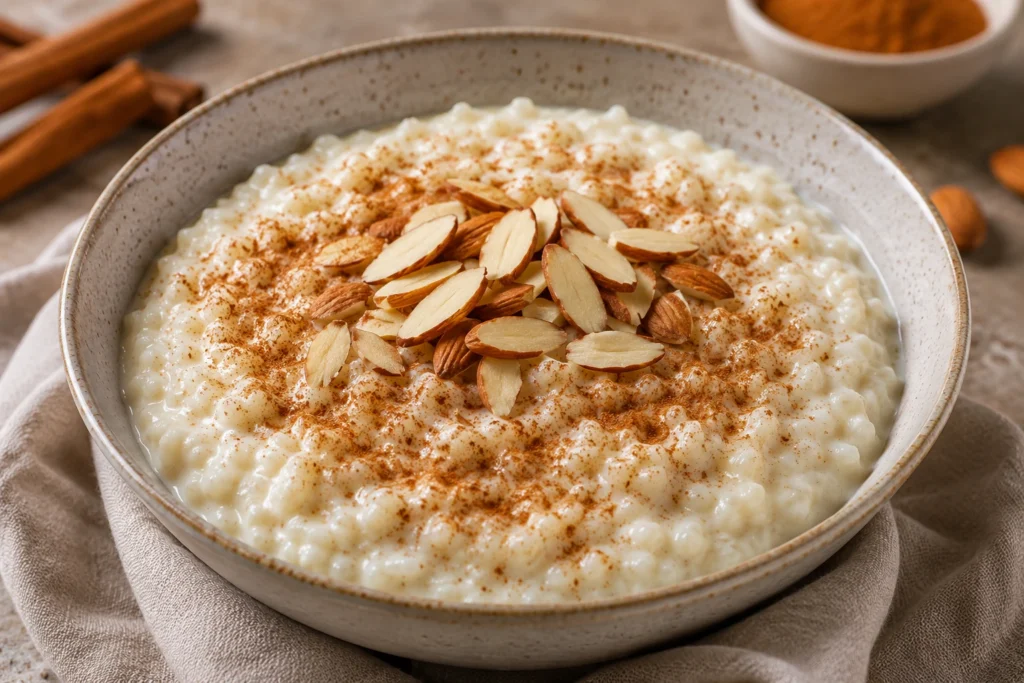 Creamy homemade gluten-free rice pudding topped with ground cinnamon and toasted almonds.