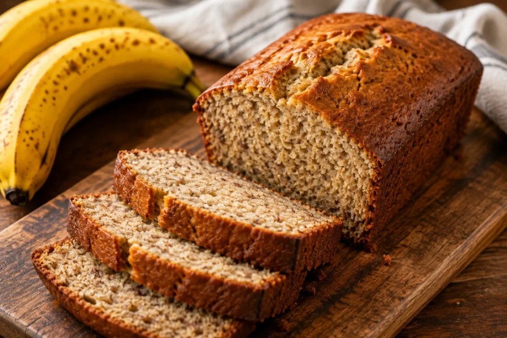 Moist gluten-free banana bread sliced on a wooden cutting board with ripe bananas nearby.