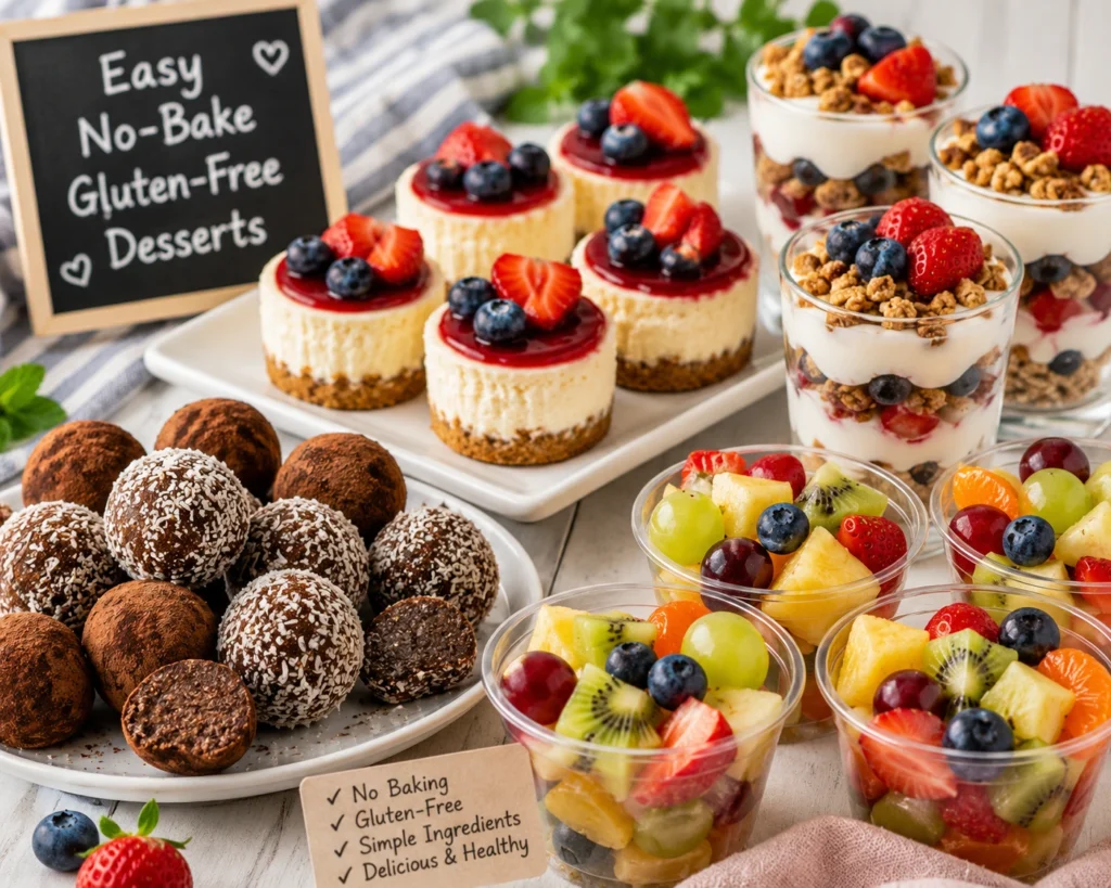 Easy no-bake gluten-free desserts including mini cheesecakes, yogurt parfaits, chocolate truffles, and fruit cups.