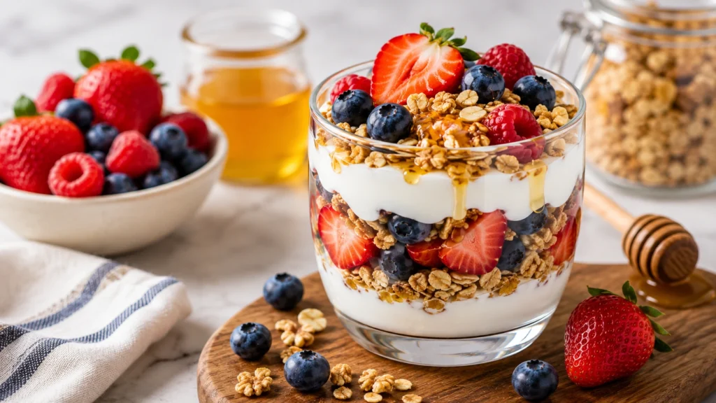 Healthy gluten-free yogurt parfait layered with fresh berries, honey, and gluten-free granola.