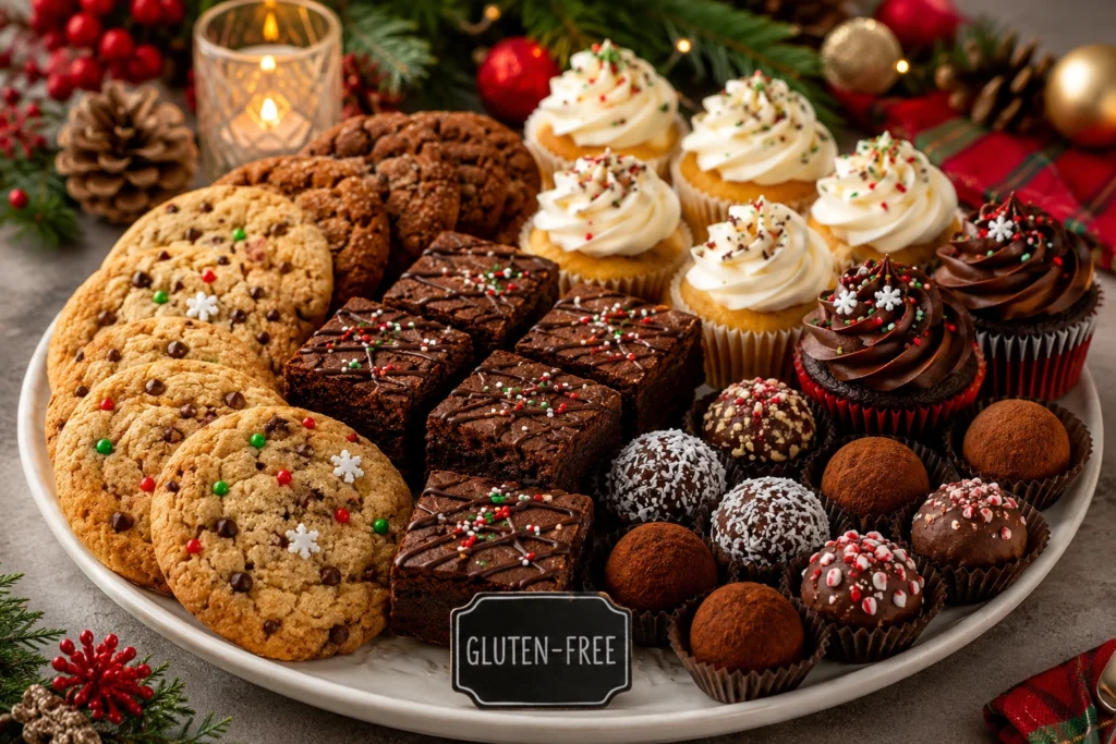 Festive gluten-free holiday dessert platter featuring cookies, brownies, cupcakes, and chocolate truffles.