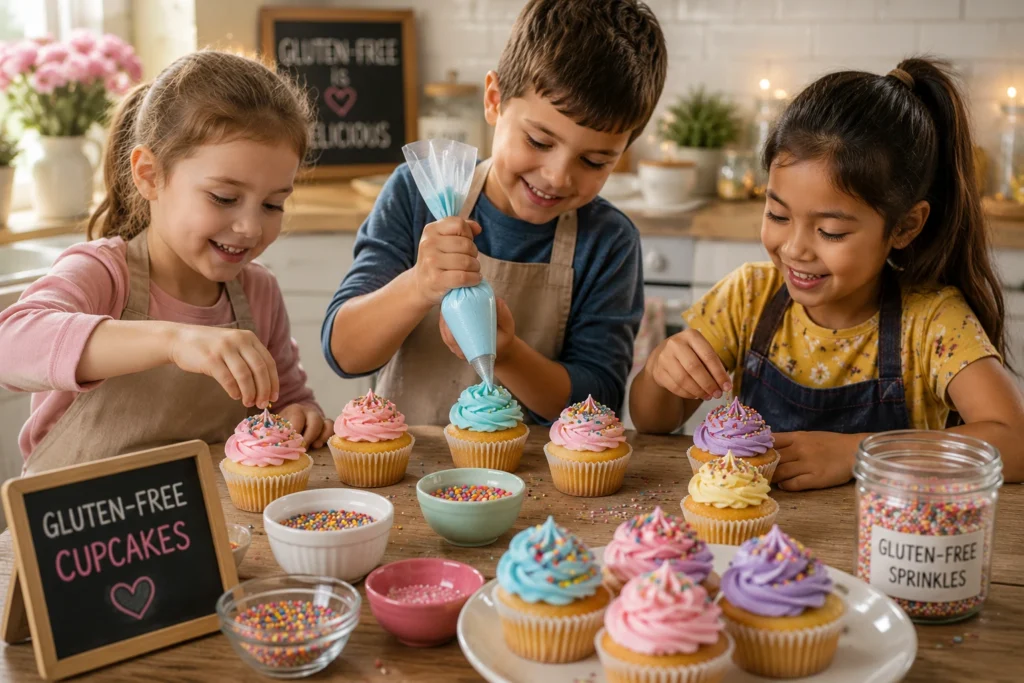 Children decorating homemade gluten-free cupcakes with colorful frosting and gluten-free sprinkles.