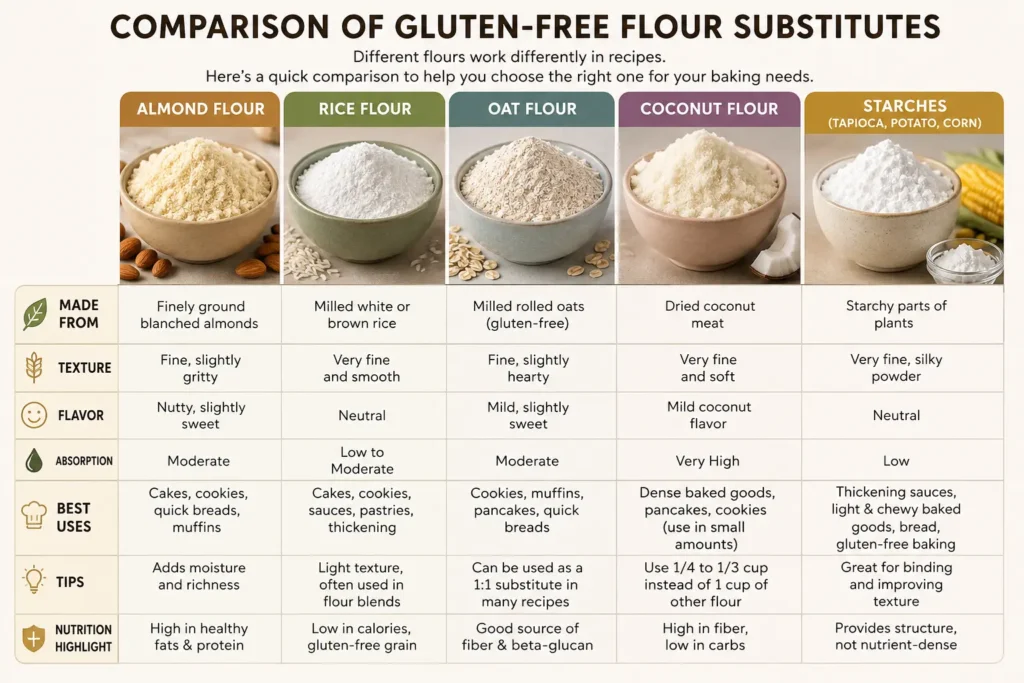 Comparison of gluten-free flour substitutes including almond flour, rice flour, oat flour, coconut flour, and starches.