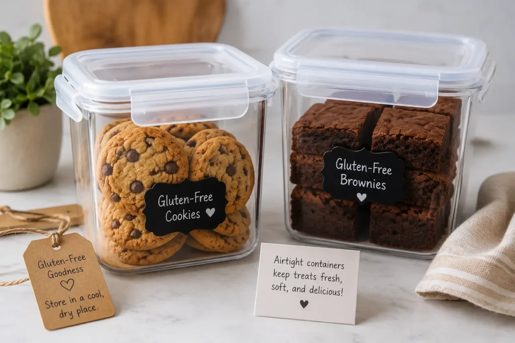 Properly stored gluten-free cookies and brownies in airtight containers to maintain freshness.