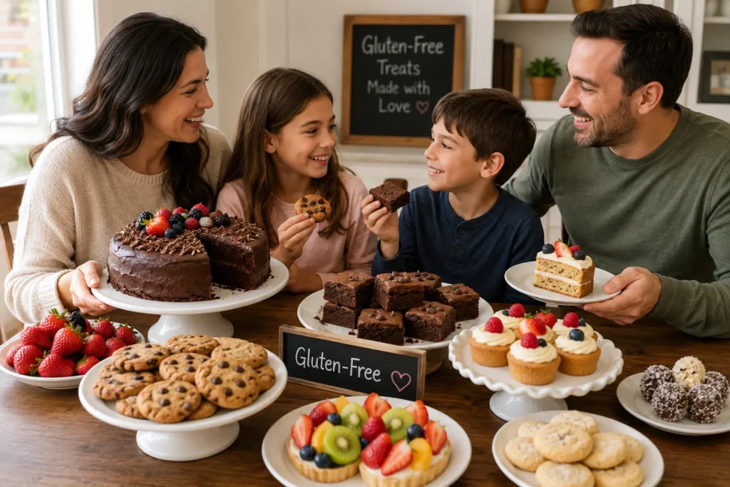Family sharing a variety of homemade gluten-free desserts including cake, cookies, brownies, and fresh fruit treats.