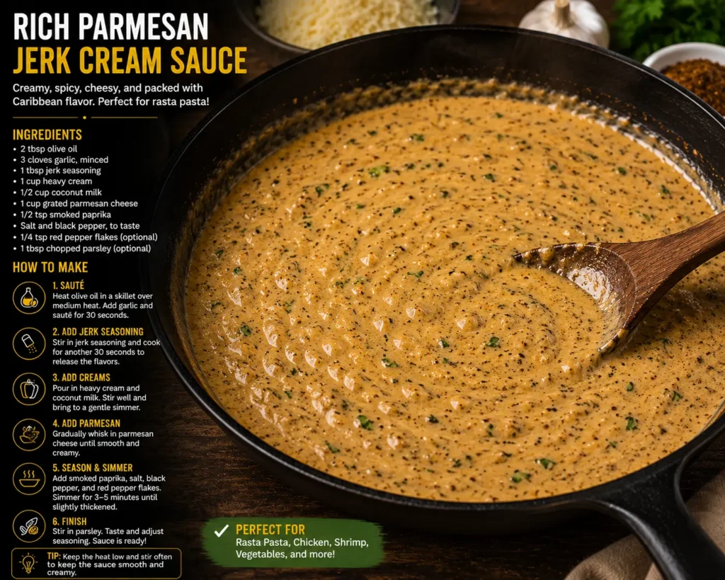 Rich parmesan jerk cream sauce simmering in a skillet.