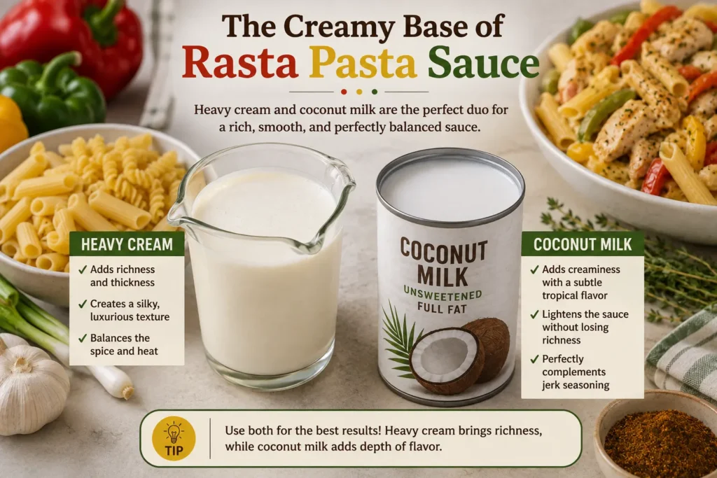 Heavy cream and coconut milk used for making creamy rasta pasta sauce.