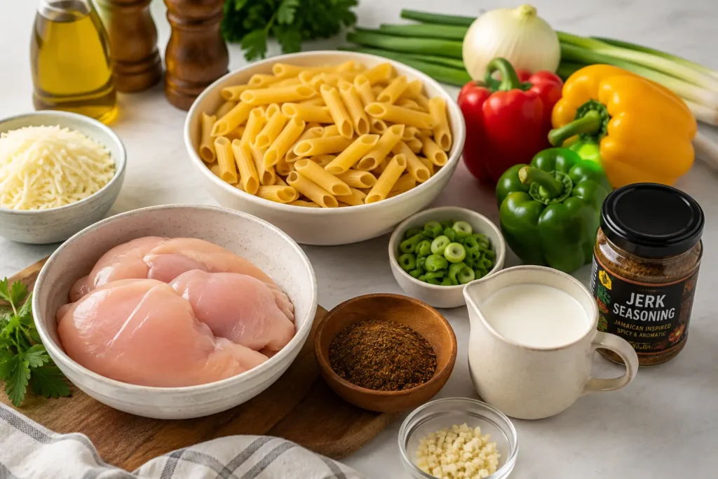 Fresh ingredients for homemade rasta pasta including chicken, penne, bell peppers, cream, and jerk seasoning.