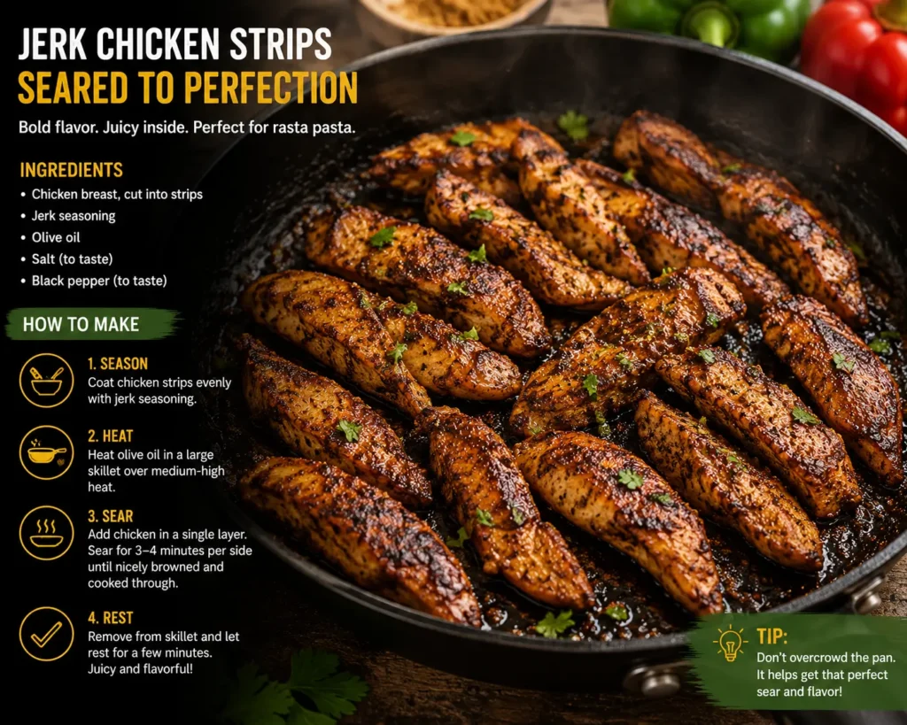 Chicken strips coated with jerk seasoning and seared in a skillet.