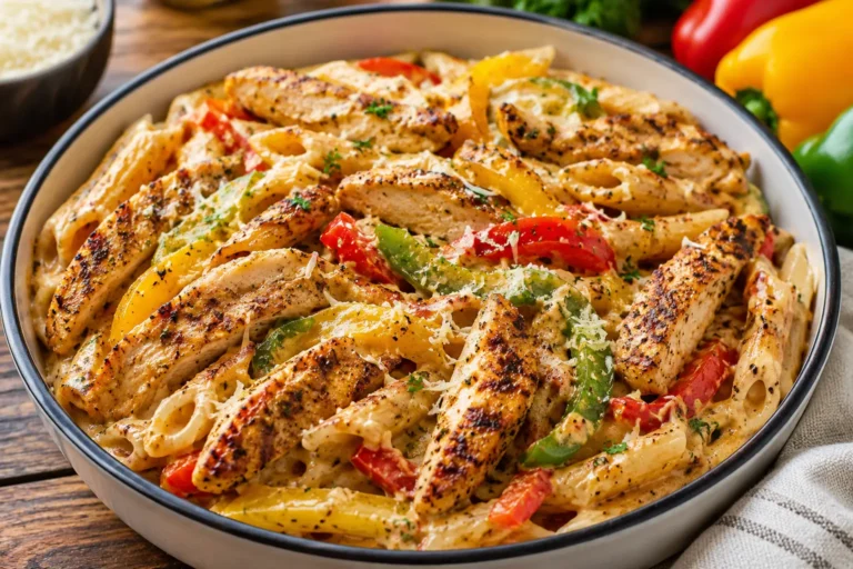 Creamy chicken rasta pasta with colorful bell peppers, parmesan cheese, and jerk seasoning.