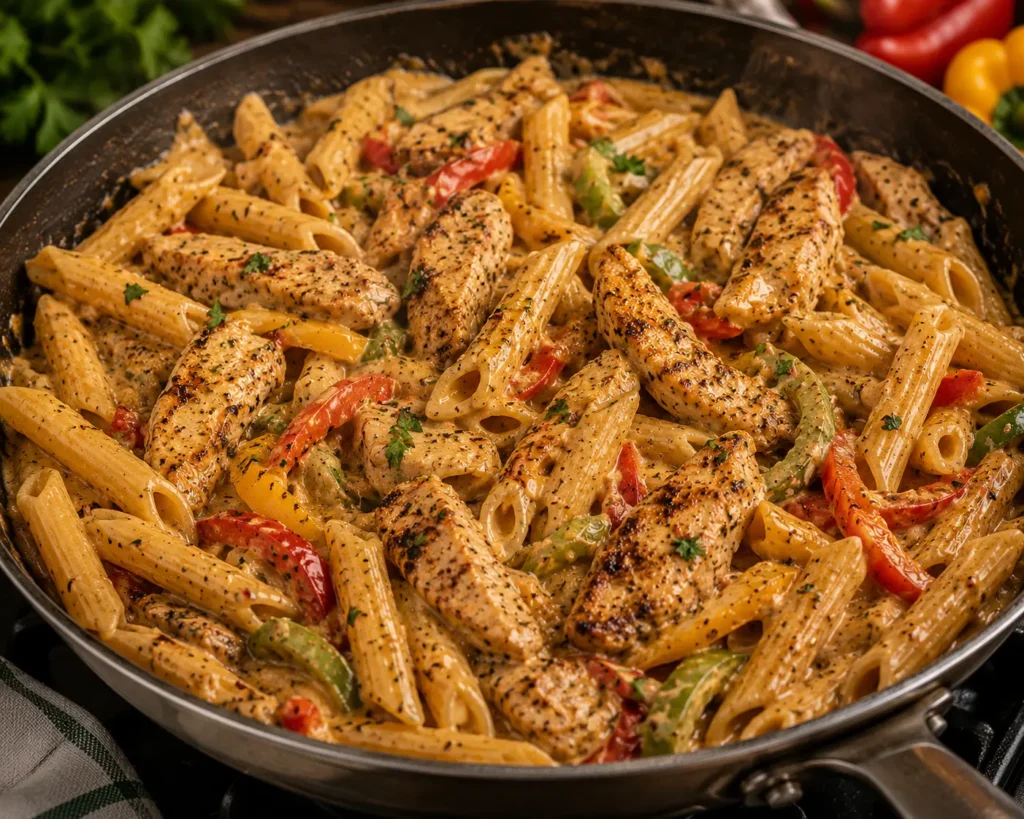 Chicken and penne pasta tossed in creamy jerk sauce with peppers.
